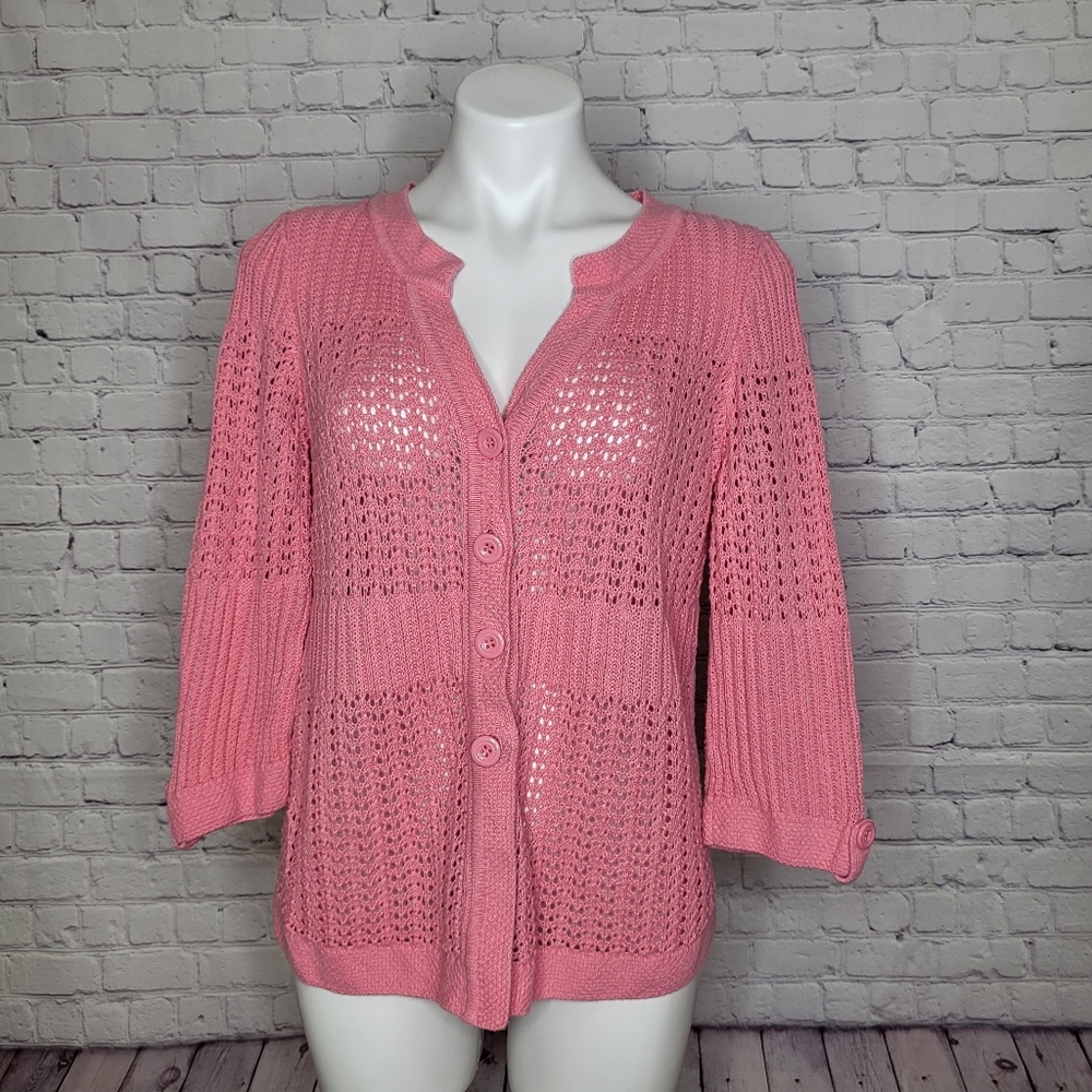 Christopher & Banks Salmon Pink Crochet Cardigan